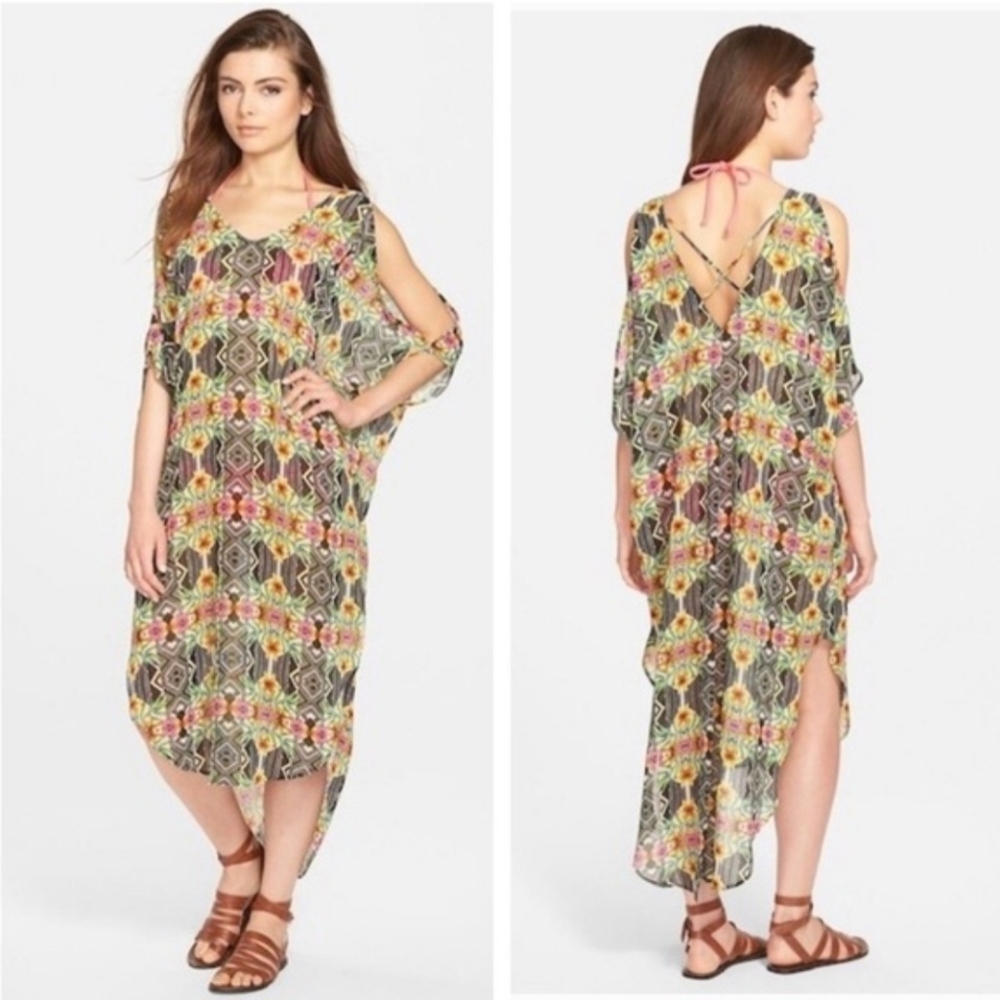 ASTR Sheer Floral-Geometric Cold-Shoulder Swim Coverup Kaftan Dress Tropical